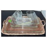 Glass pans, butter dish & wicker basket