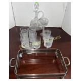 Crystal decanter, glasses & casserole dish holder