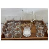 Uncle Jack wood tray & glass pitcher w/drinking