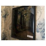 Vintage Print with Thatched Roof House, Trees