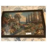 Print of Thatched Roof House and Flower Gardens
