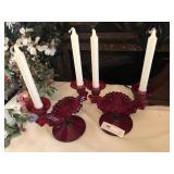 Pair of Ruby Double Socket Candle Holders