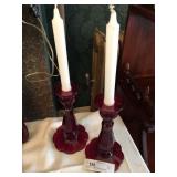 Pair of Ruby Glass Tall Candle Sticks