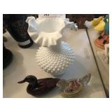 Hobnail Milk Glass Vase, Chicken Candy Container,