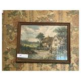 Print of Thatched Roof House with Flower Gardens