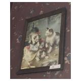 Print with 3 Kittens and Birds in Oak Frame