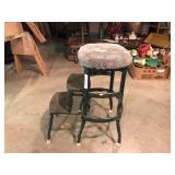 Antique Metal Step Stool with Carpeted Top