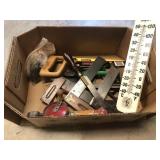 Box Lot- Antique Square with Brass Inlay, Tools
