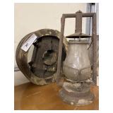 Vtg. Kerosene Lamp & Wooden Pulley