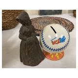 Vintage Iron Doorstop & Tin Litho Baseball Bank