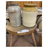 Oval Wooden Footstool & (2) Crocks