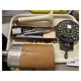 Monogrammed Flask, Iron Trivet, Knives, etc.