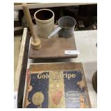 Small Wooden Stools, Agate Dipper, Crock,