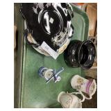 Chinaware- Iridescent Plate, Redware Spittoon,