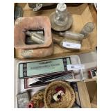 Pens, Tin Litho Cigarette Box, Redware Spittoon,