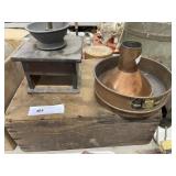 Wooden Crate, Vtg. Coffee Grinder, Copper Funnel,