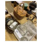 Vintage Shelf Clocks, Woven Basket, Dishes,