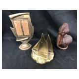 Cast Metal Frame, Wood Bird, and Bronze Book End