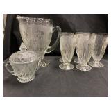 Iris Patterned Water Pitcher, Tumblers, Creamer