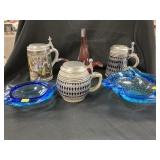 3 Beer Steins and 3 Art Glass Bowls