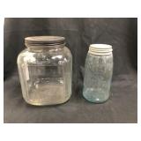 Glass Canister and Blue Mason Jar