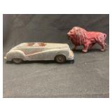 Vtg. Lion Red Painted Penny Bank & Hubley Car