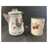 Vtg. Rooster Decorated Coffee Pot & Vtg. Flour