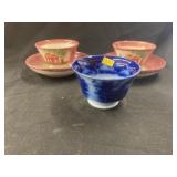 (2) Spatter Cups & Saucers & Flow Blue Cup