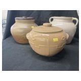 3 Covered Stoneware Crocks