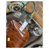 Art Glass Compote & Mid Century Wooden Bowl