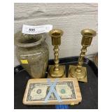 Alabaster Vase, Brass Candle Holders, Dollar Bill