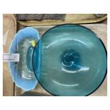 Blue Glass Compote & Opalescent Bowl