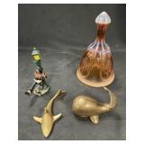 Slag Glass Bell, Brass Figurines, Bottle Opener