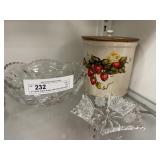 2 Crystal Glass Bowls and Paint Decorated Crock
