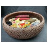 Vintage Woven Sewing Basket With Vintage Spools