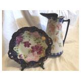 Vintage Floral Water Pitcher and Floral Plate