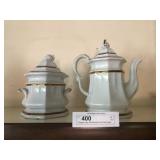 2 Hexagon Style Gold Rimmed Tea Pot and Sugar Bowl