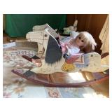 Vintage Doll and Vintage Wooden Rocking Horse