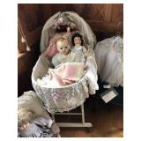 Vintage Wicker Bassinet with Dolls