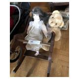 Vintage Wooden Rocking Horse, Doll, Stuffed Bear
