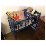 Vintage Wooden Doll Crib with Plastic Bodied Dolls