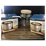 (2) Little Dipper Crock Pots & Glass Canister