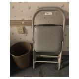 2 Upholstered Folding Chairs and Trash Can