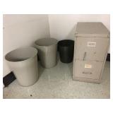 3 Metal Trash Cans and File Cabinets