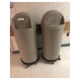 2 Rubbermaid Trash Cans with Rolling Bases