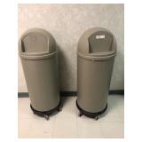 2 Rubbermaid Trash Cans with Rolling Bases