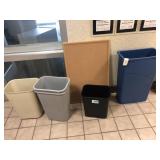 Assorted Trash Cans and Cork Board