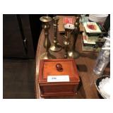 Wooden Trinket Box & Brass Candlesticks