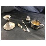 (5) Pcs. Sterling Silver Cup, Fork & Candlestick