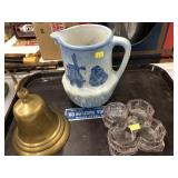 Stoneware Pitcher, Brass Bell, etc.